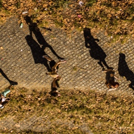 an overhead photo of people walking through a courtyard