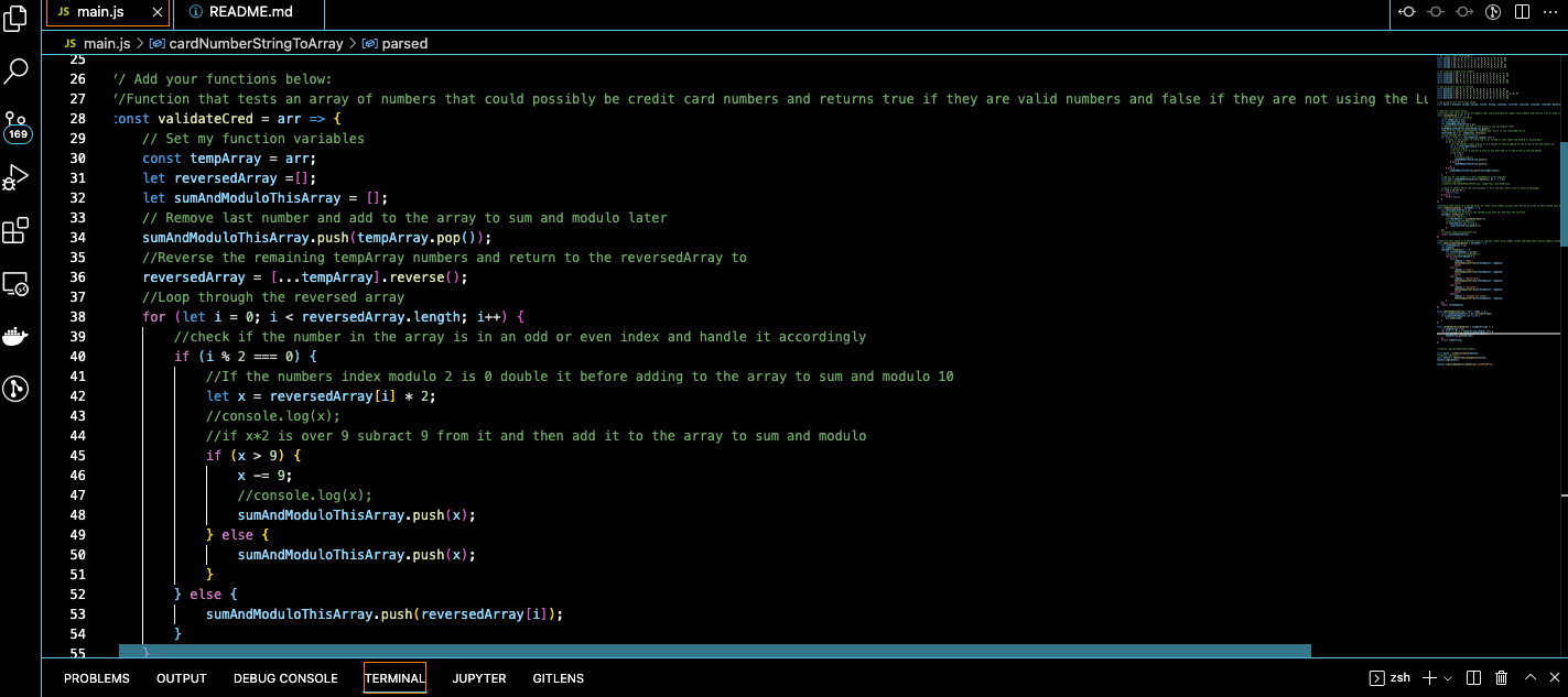 Screenshot of the Creditcard checker Javascript code as it was written in VS Code