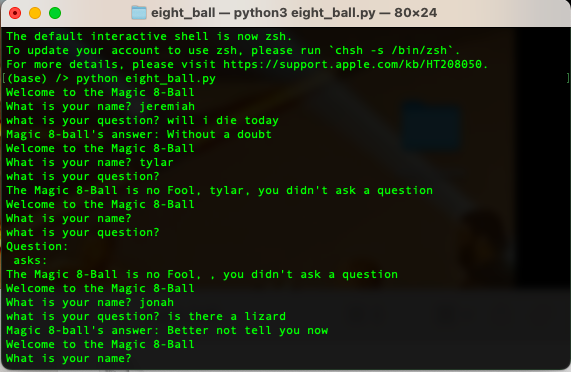 Screen shot of magic eightball running in a terminal