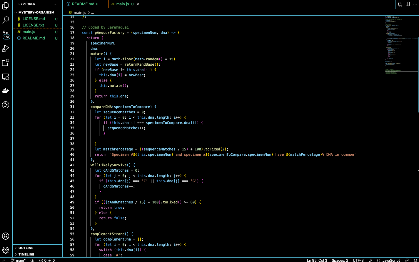 Screenshot of Mysterious Organism JavaScript code as it was written in VS Code