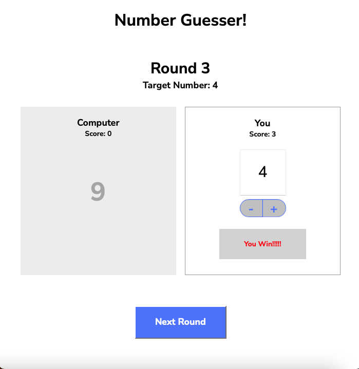 Screenshot of the number guesser webpage